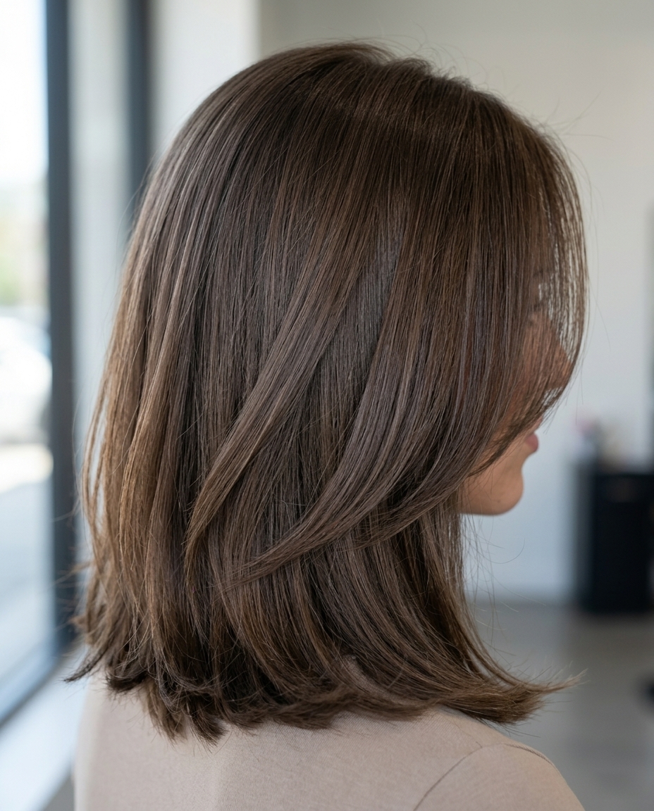mid-length smoky walnut haircut with cool ash ribbons and face-framing layers for a professional look