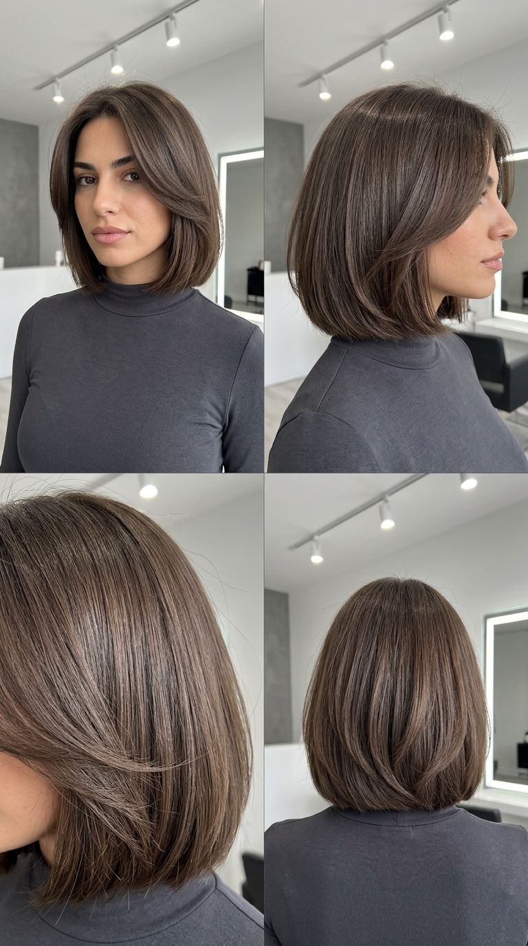 shoulder-length Italian bob haircut with smoky walnut brunette, root smudge, and blunt perimeter for professional settings