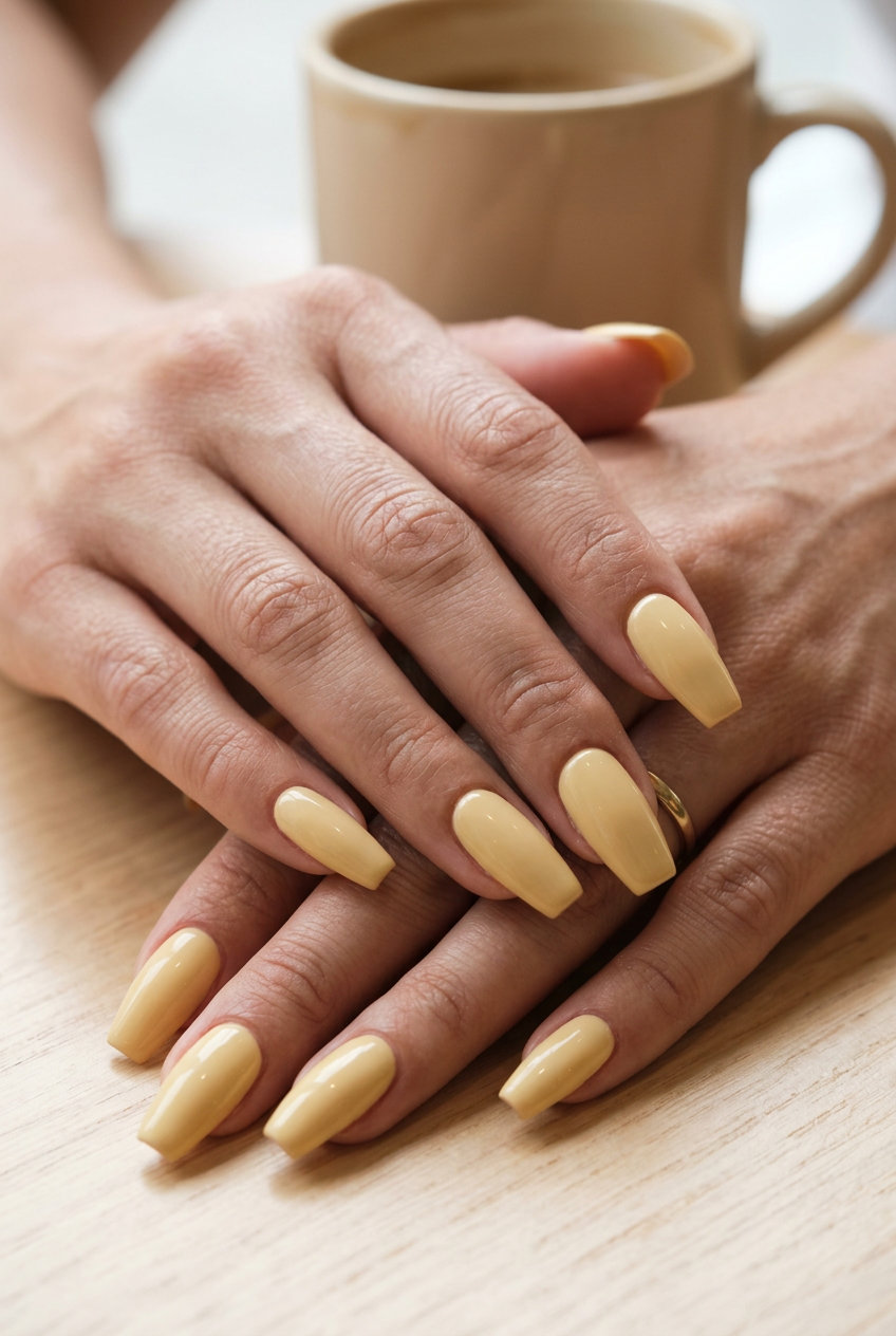 Butter Yellow Coffin Nails 2026: Chic & Sophisticated Soft butter yellow coffin nails for daily wear or casual chic in 2026 with a creamy finish.