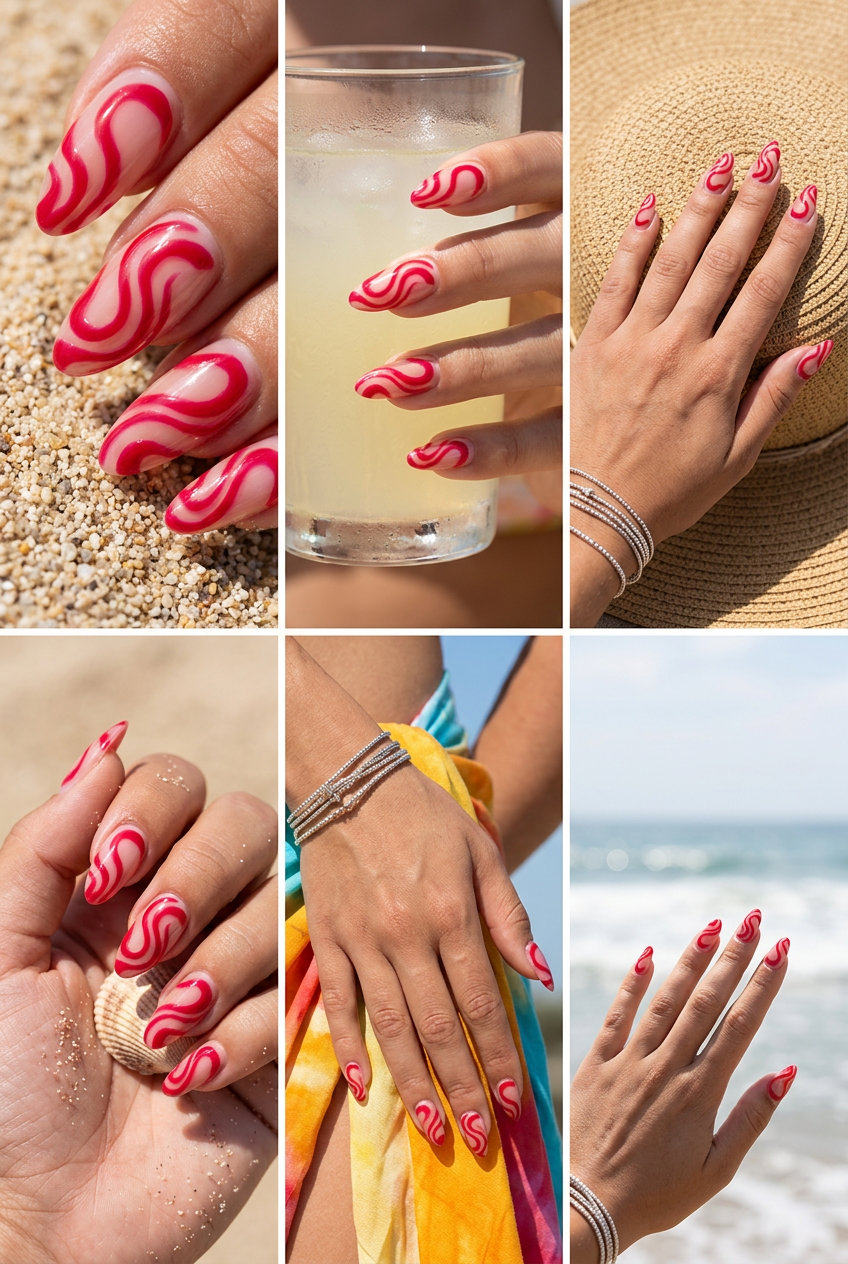 Solid Summer Nails 2026: Cherry Swirl Art Abstract cherry red swirls on a clear/nude base for medium to long nails. Artistic solid summer nails 2026.