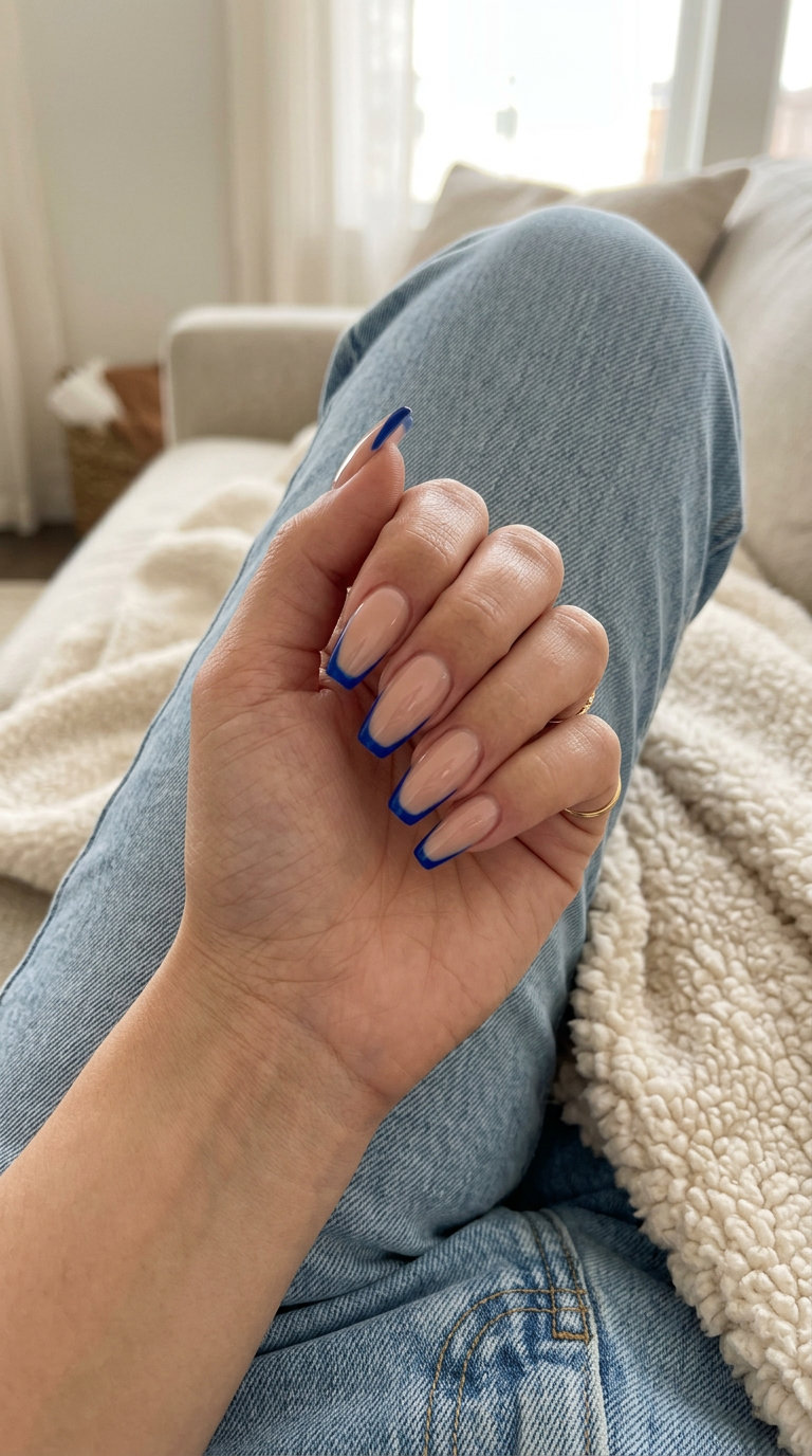Summer Cobalt Reverse French Nails 2026 Edgy Summer Cobalt Reverse French nails for date night, festival, or party. Solid summer nails 2026.