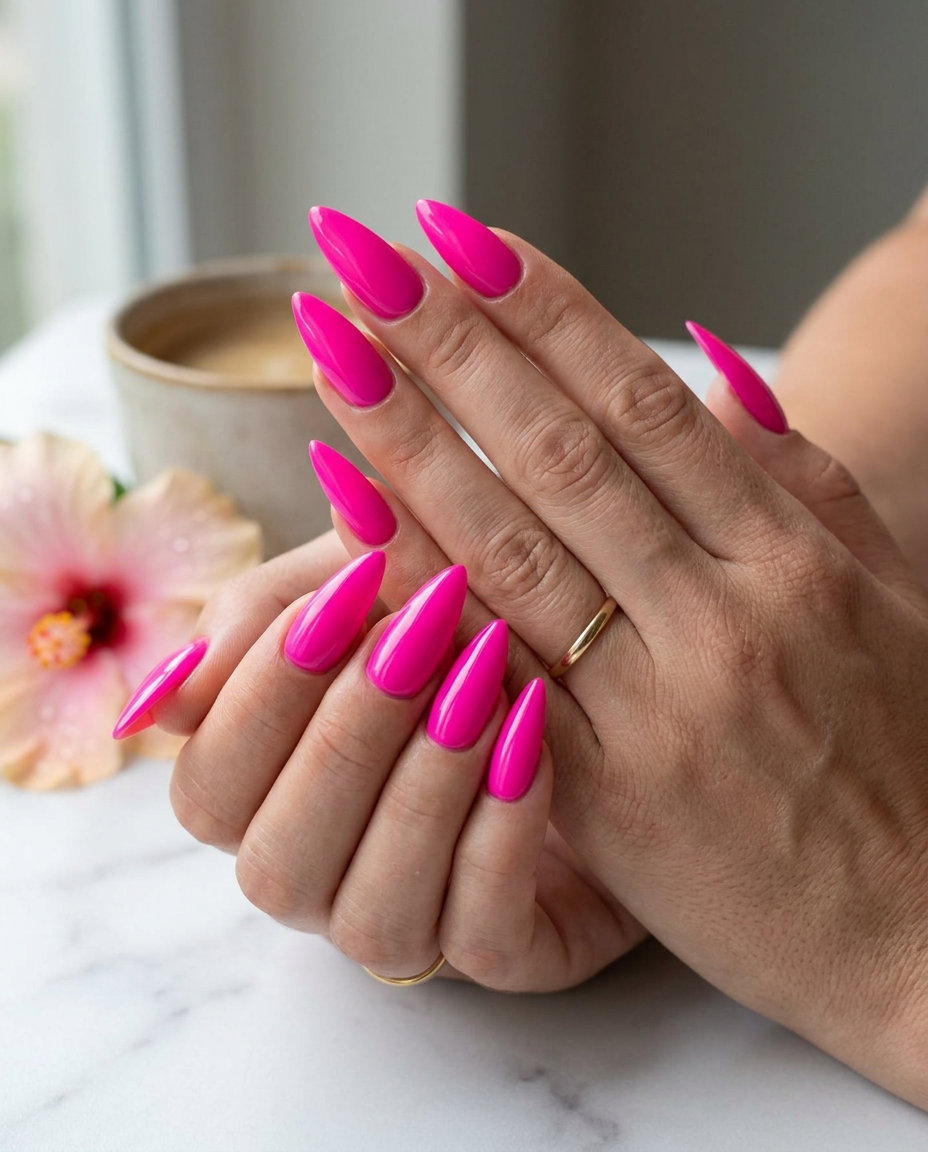 Solid Summer Nails 2026: Hot Pink Stiletto Saturated hot pink stiletto nails with a high-gloss finish. Bold solid summer nails 2026 for parties.