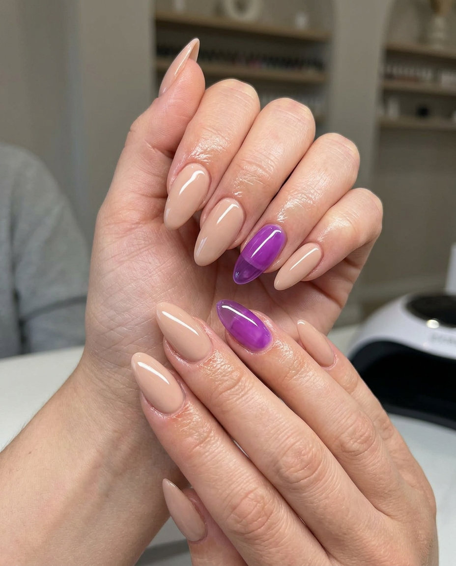 Jelly Purple Accent Nails 2026: Chic & Playful Jewel-toned jelly accent nails with nude and sheer purple for business casual or daytime events in 2026.