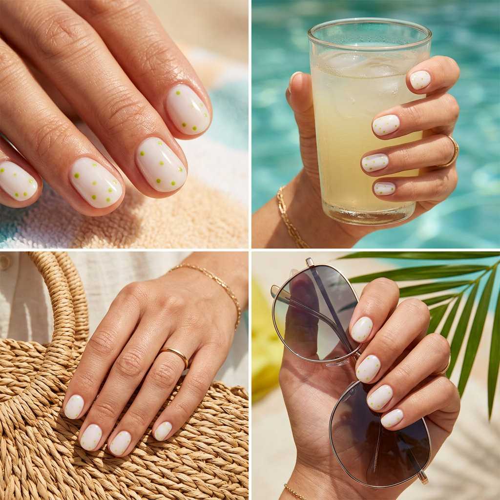Solid Summer Nails 2026: Lime Dot Party Milky white base with zesty lime green dots on short, rounded nails. Solid summer nails 2026 idea for casual outings.
