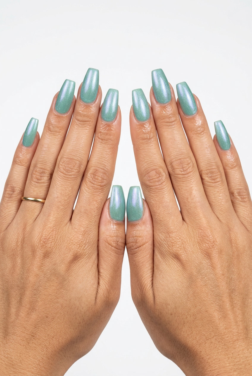 Mermaid Shimmer Green Nails 2026 Bohemian Mermaid Shimmer Green nails for vacation, festival, or event. Solid summer nails 2026.