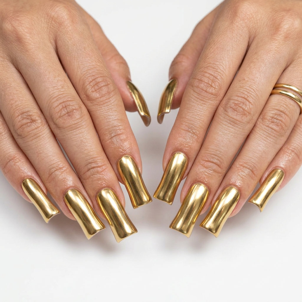 Metallic Gold Flare Nails 2026: Bold & Glamorous Metallic gold flare wave nails for festivals or summer parties in 2026, offering a bold look.