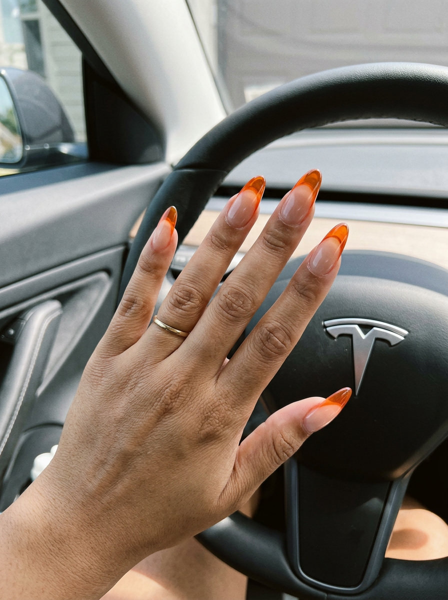 Sunset Jelly Orange French Nails 2026 Playful Sunset Jelly Orange French nails for vacation, casual, or festival. Solid summer nails 2026.
