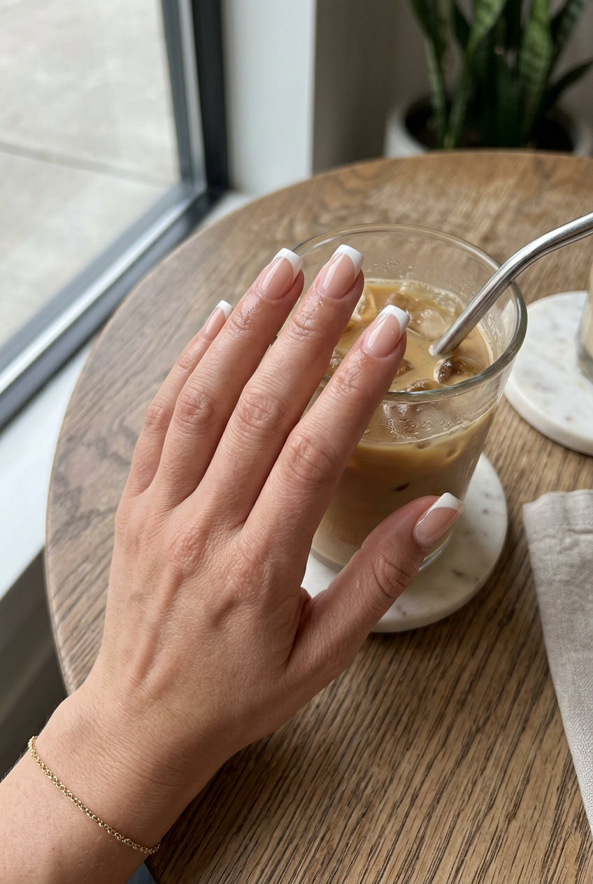 White French Tip Nails 2026: Clean & Polished Modern white French tip square nails for daily wear, work, or bridal parties in 2026.