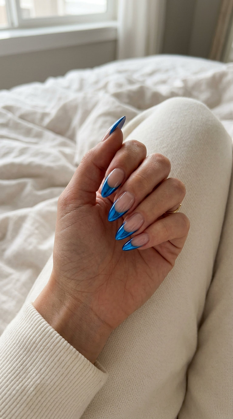 Electric Blue Chrome Stiletto Summer Nails 2026 | Edgy Glam Futuristic electric blue chrome reverse French stiletto summer nails 2026.