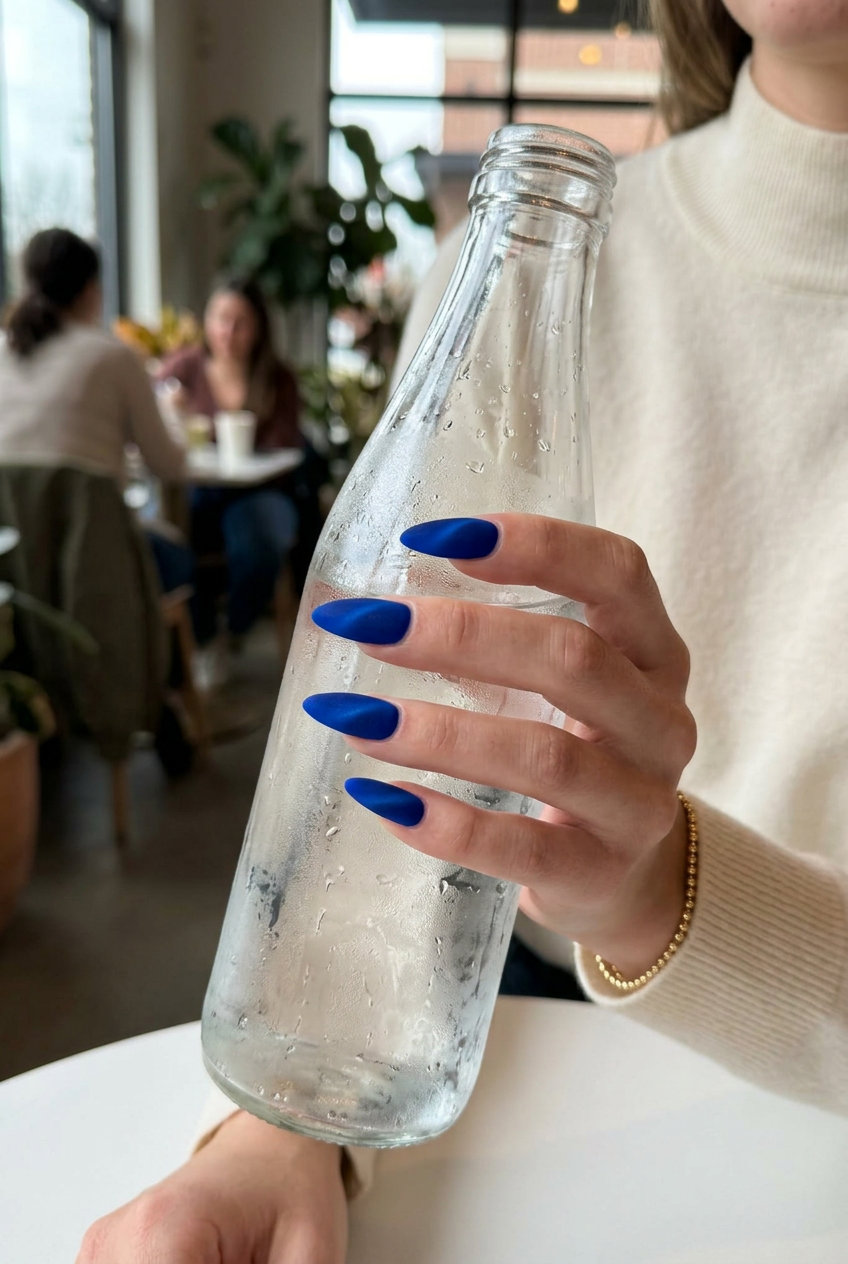 Electric Blue Velvet Stiletto Summer Nails 2026 | Night Out Futuristic electric blue stiletto summer nails 2026 with a luxurious velvet matte finish.