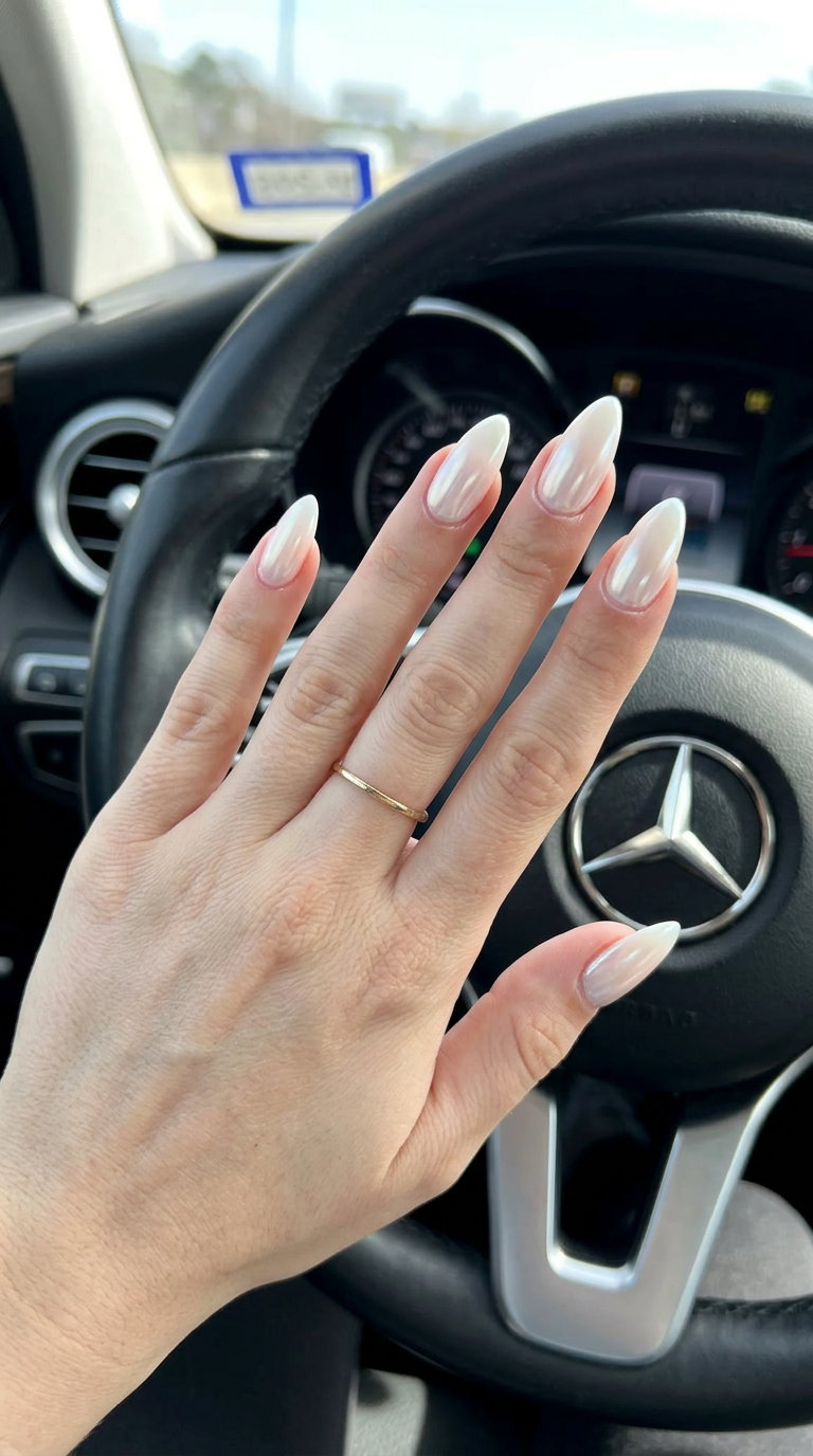 Stiletto Summer Nails 2026: Glazed Donut Pearl Glazed Donut Stiletto Pearl nails for weddings, bridal showers, and elegant events. Sophisticated, luminous.