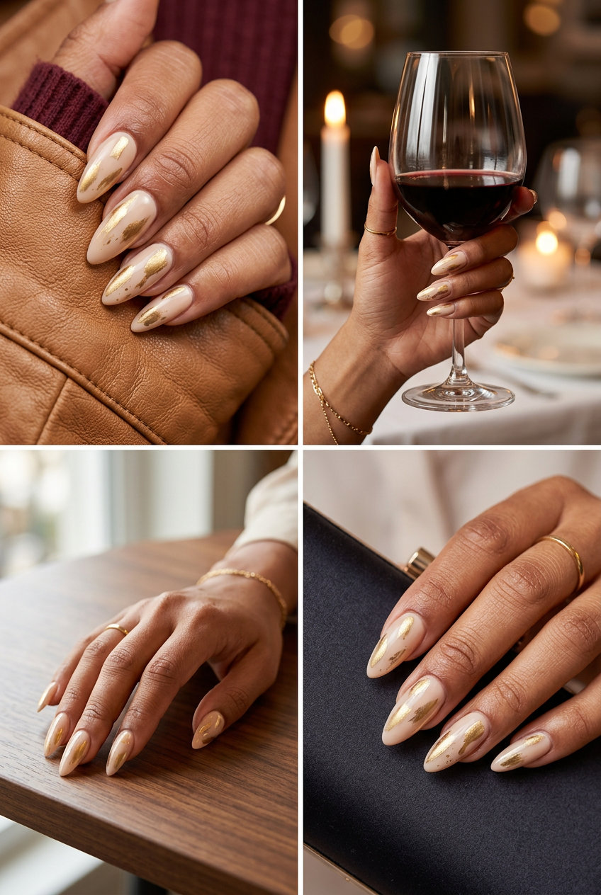 Stiletto Summer Nails 2026: Gold Abstract Accents Artistic Gold Abstract Stiletto Accents for formal events, daily wear, and cocktail hour. Sophisticated, chic.