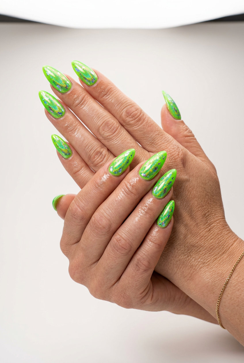 Holographic Lime Green Stiletto Summer Nails 2026 | Festival Vibe Energetic lime green stiletto summer nails 2026 with holographic foil flakes.