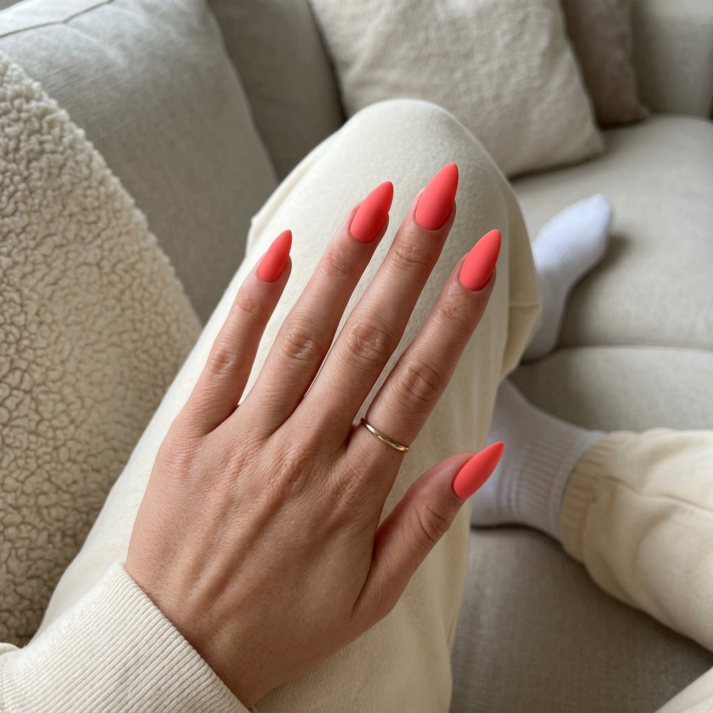 Matte Coral Statement Stilettos 2026 Matte coral statement stiletto nails for parties. Stiletto summer nails 2026.