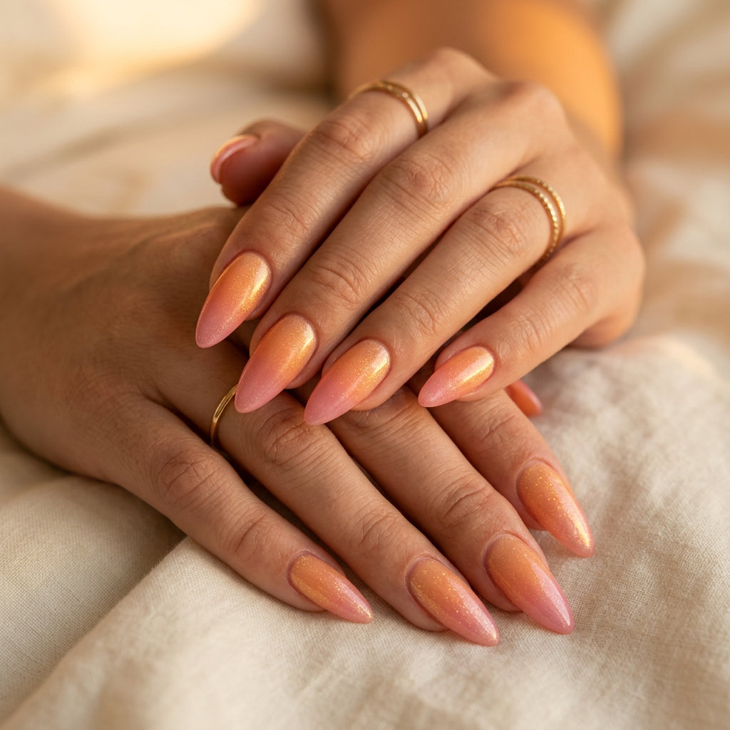 Sunset Ombre Stiletto Summer Nails 2026 | Date Night Glow Romantic sunset ombre stiletto summer nails 2026 with subtle gold shimmer.