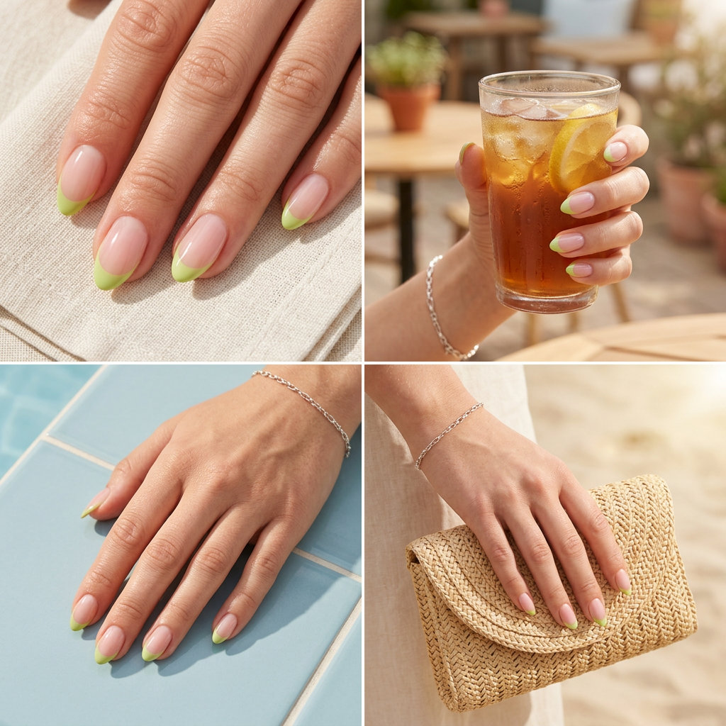 Zesty Lime Micro French Stilettos 2026 Zesty lime micro French stiletto nails for vacations. Stiletto summer nails 2026.