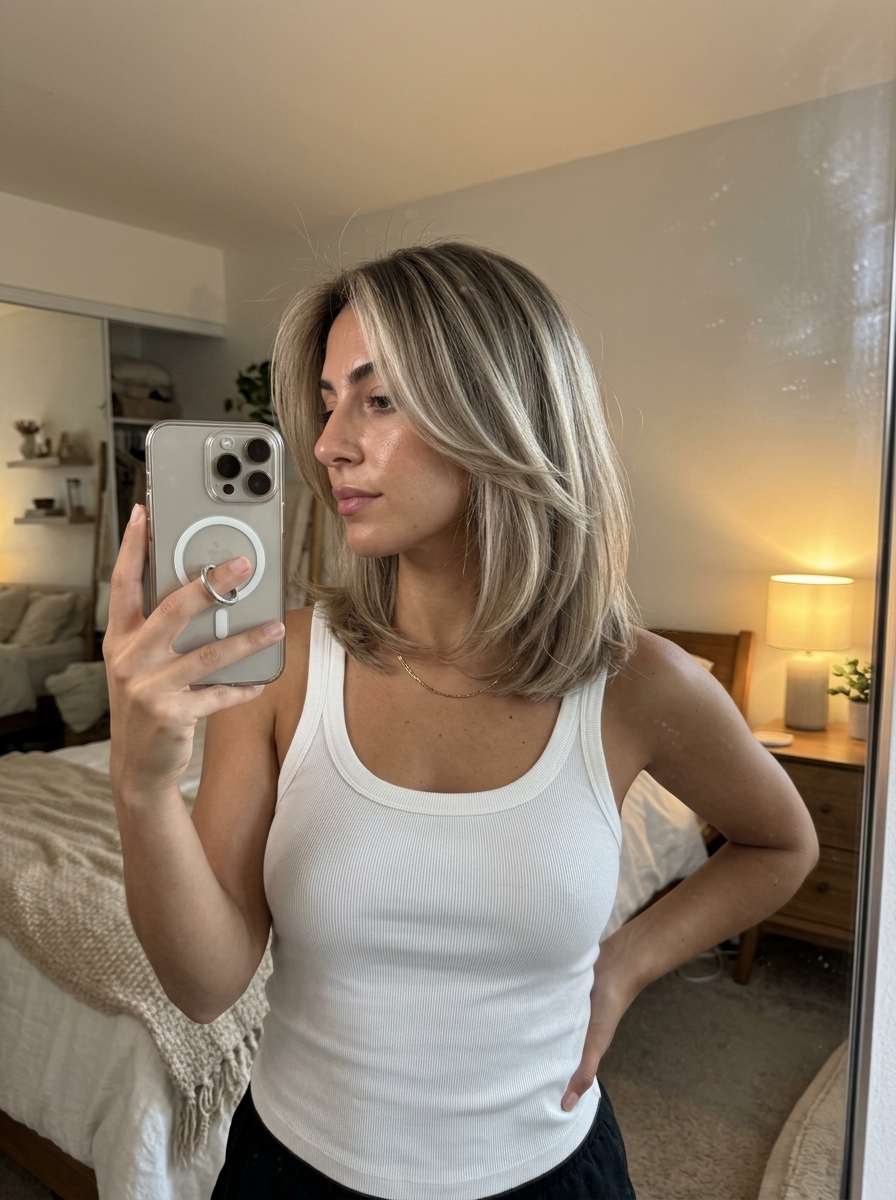 Stone Blonde Balayage Lob 2026: Sophisticated & Soft medium ash blonde hair with stone blonde balayage, soft layers, subtle face-framing — sophisticated effortless