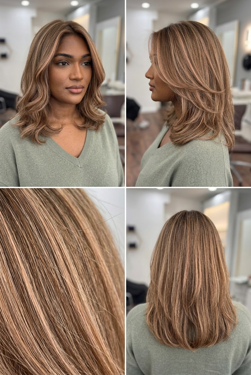 long strawberry blonde babylights with golden-pink, micro-fine woven, no fringe — romantic summer