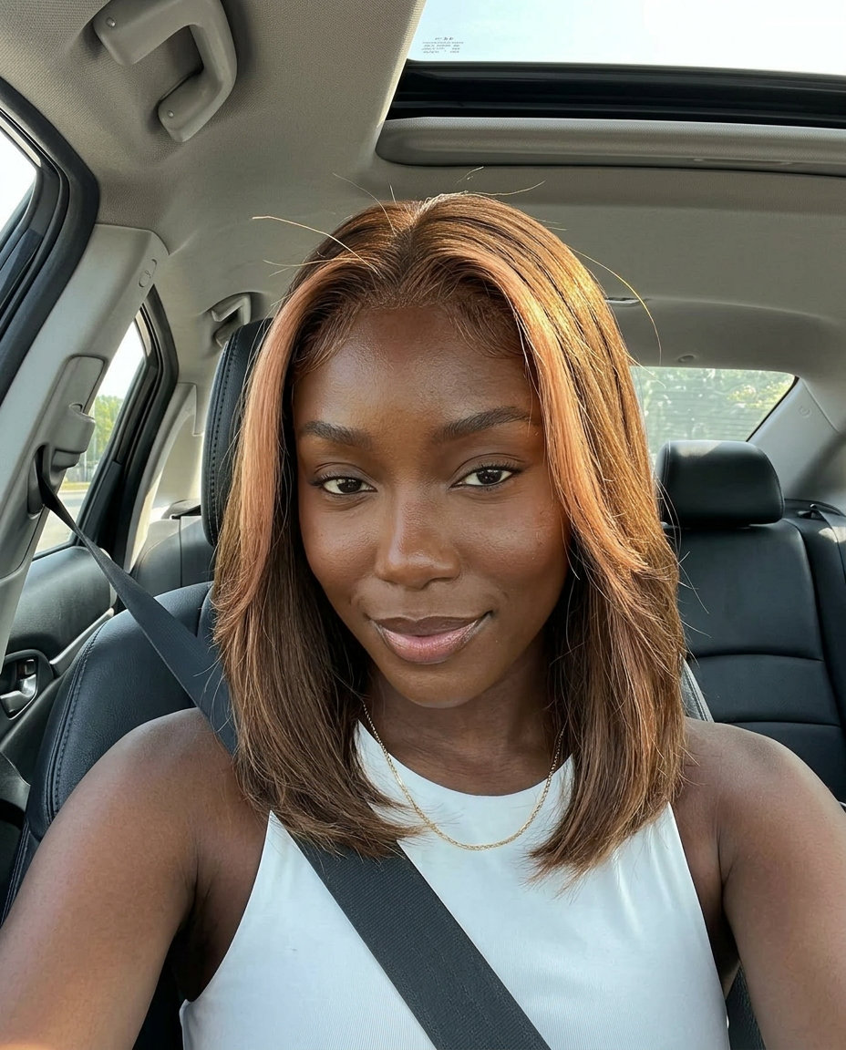 long strawberry blonde face-framing highlights on warm brown, soft radiance for brunches