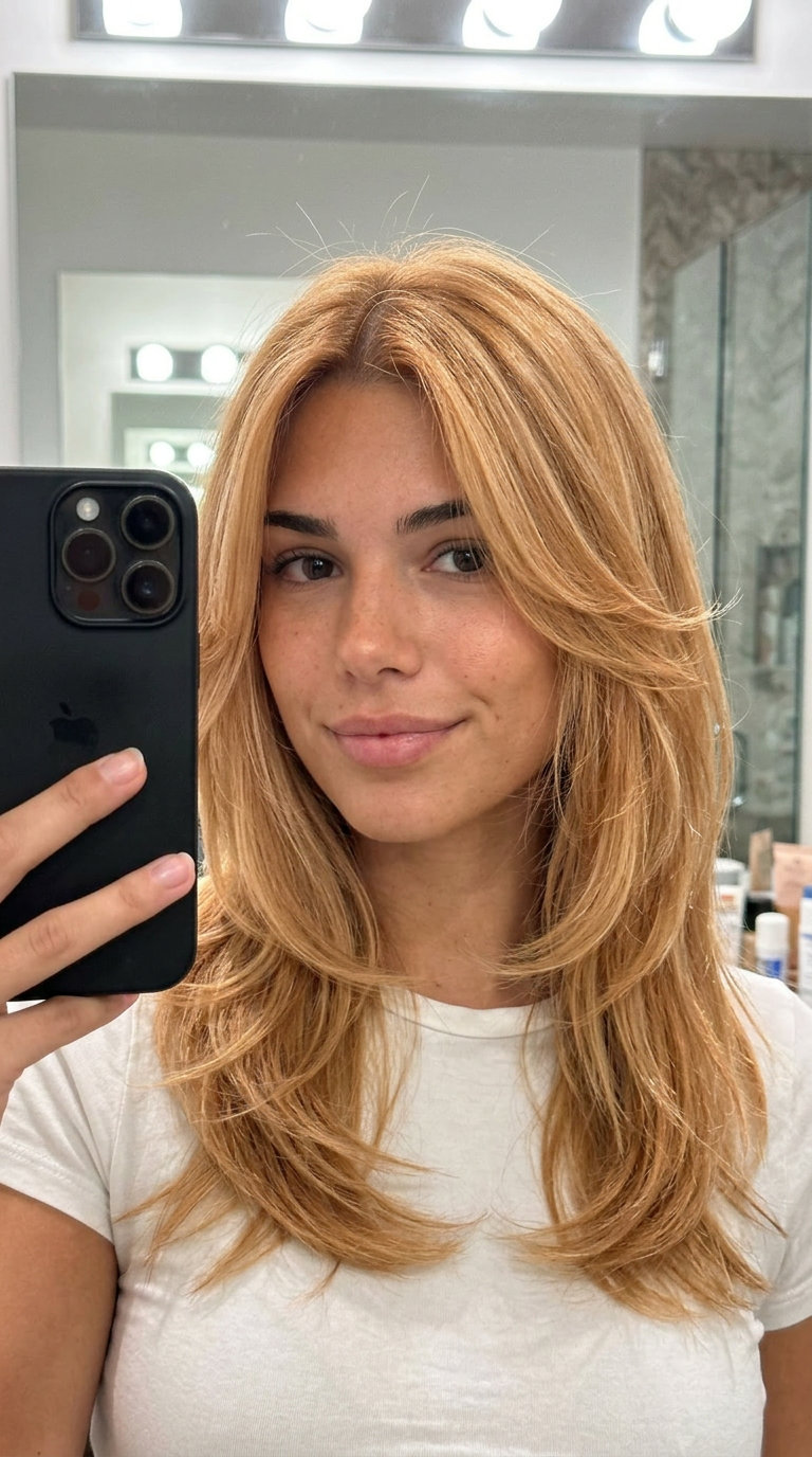 shoulder-length butterfly haircut in strawberry blonde with cream highlights, curtain fringe, playful brunch