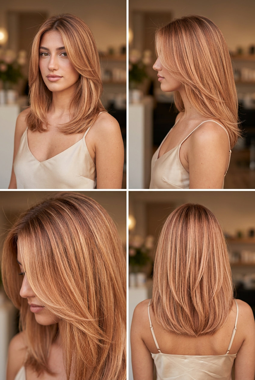long soft layered hair with strawberry blonde, copper-gold ribbons, Air Touch balayage — warm nostalgia