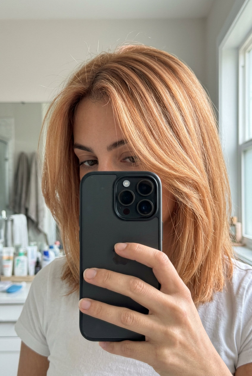 long layered hair with strawberry blonde, golden copper, Air Touch balayage — playful sun-kissed