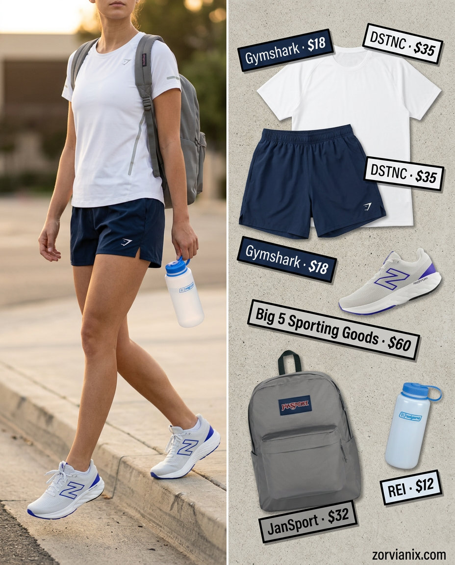Summer athletic shorts outfits for women 2026: Navy shorts, white t-shirt, grey sneakers for active commute.