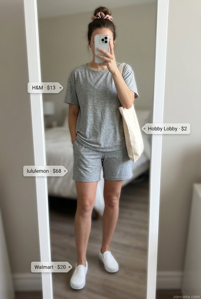 Summer athletic shorts outfits for women 2026: Heather grey shorts, dusty rose tee, white sneakers for active recovery.