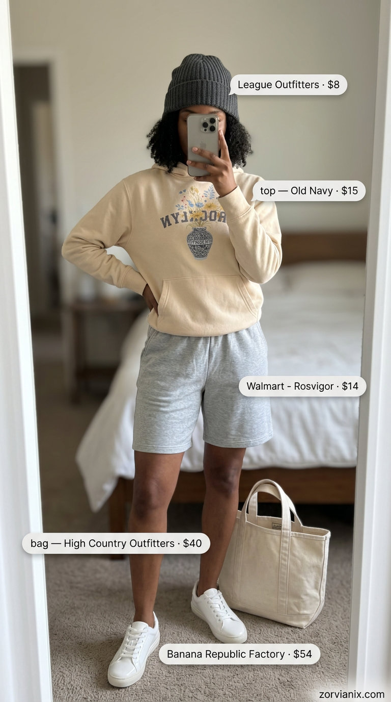 Summer athletic shorts outfits for women 2026: Charcoal shorts, beige hoodie, white sneakers for athleisure comfort.