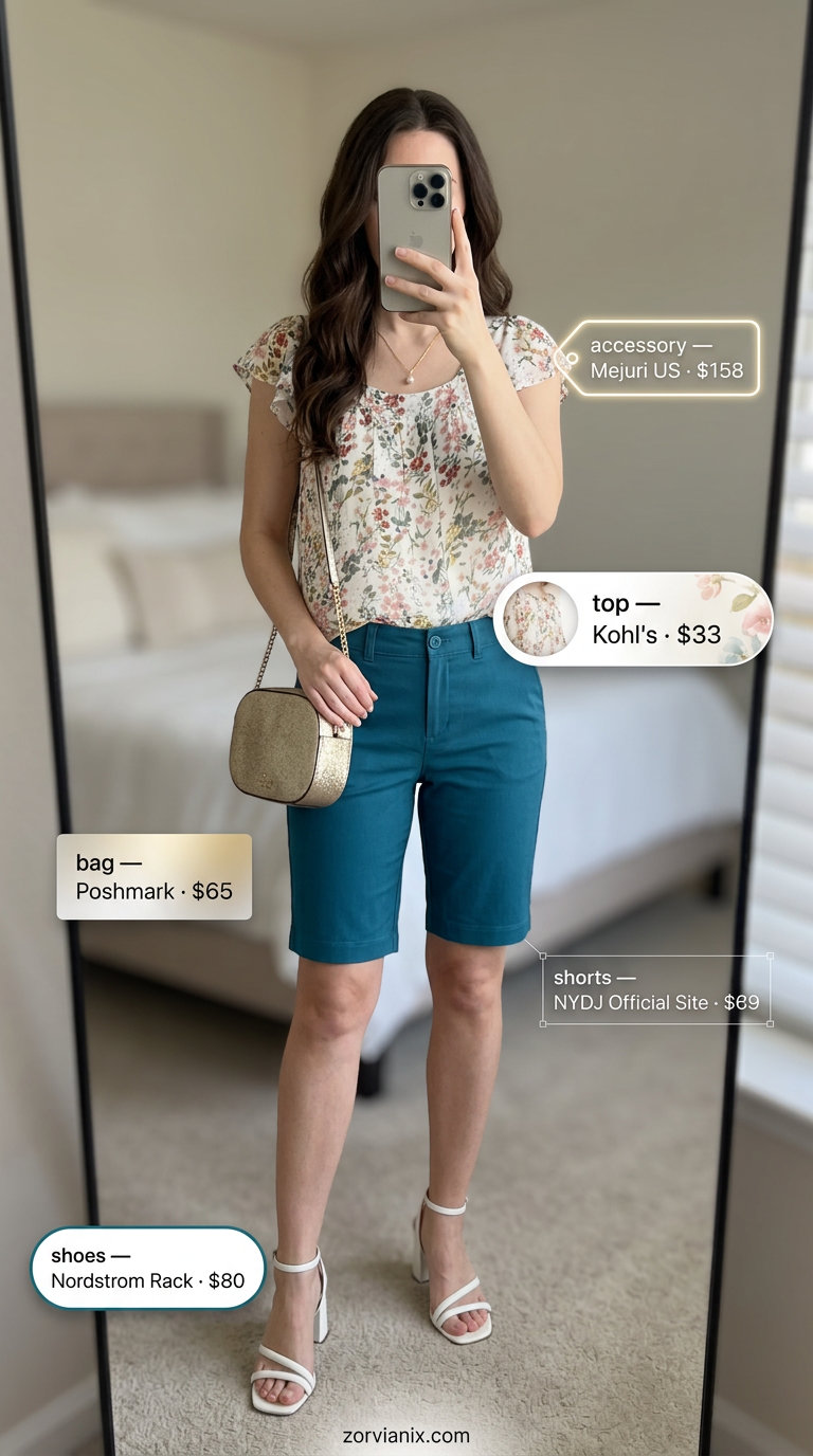 Summer athletic shorts outfits for women 2026: Teal Bermuda shorts, floral blouse, block heels for chic daytime events.