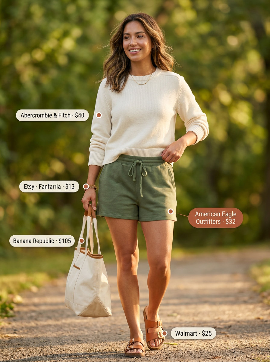 Summer athletic shorts outfits for women 2026: Muted olive shorts, cream knit sweater, tan sandals for casual comfort.