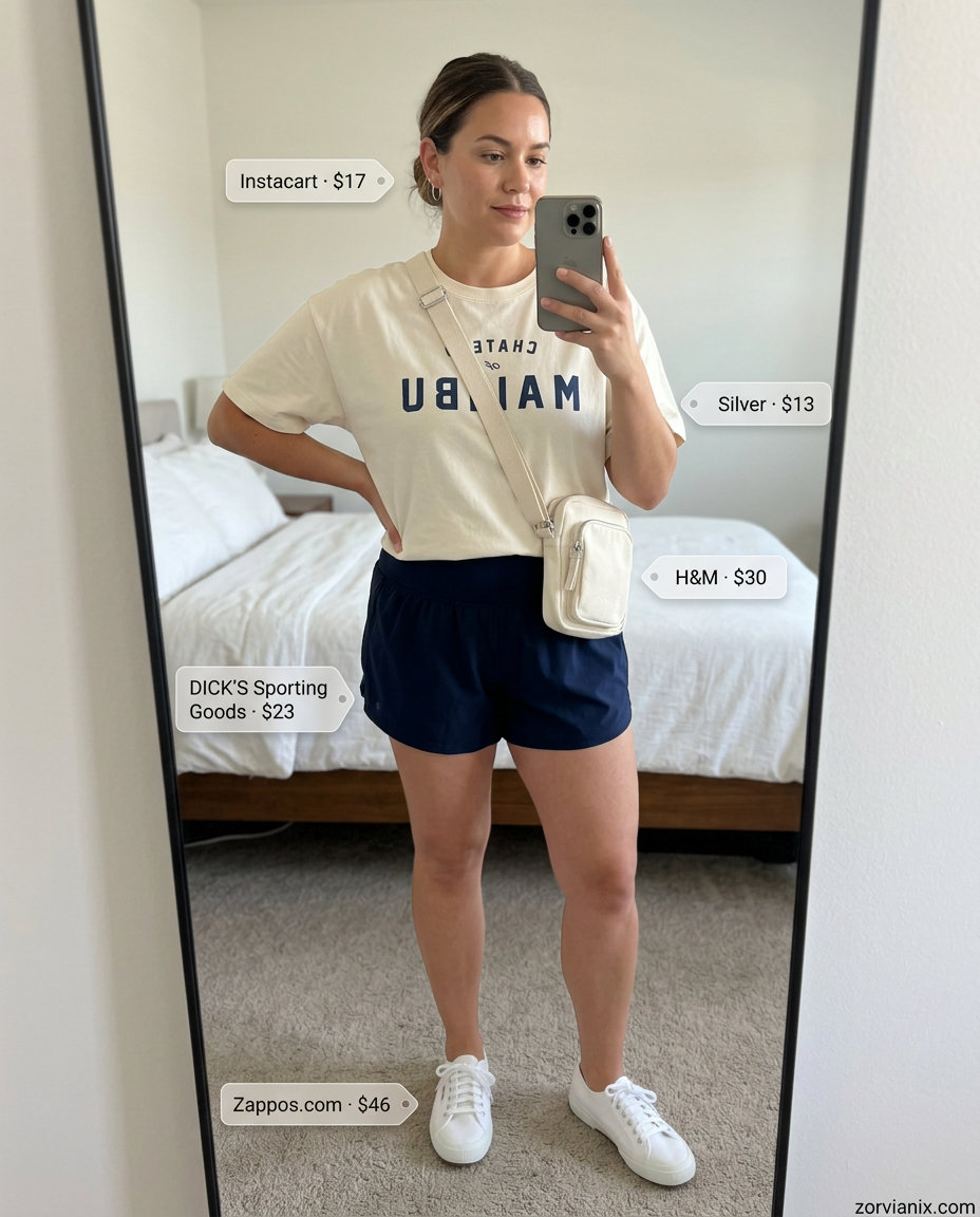 Summer athletic shorts outfits for women 2026: Navy shorts, cream graphic tee, white sneakers for errands.