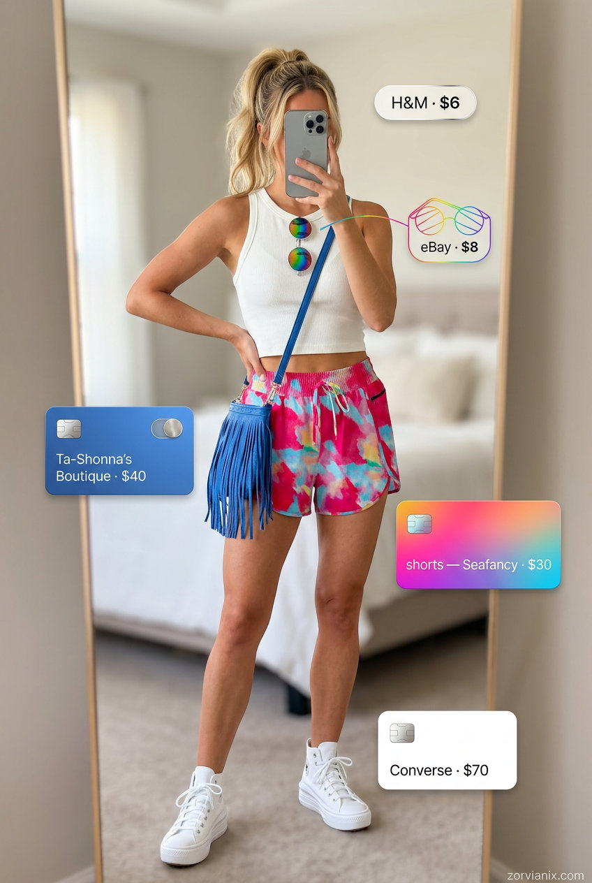 Summer athletic shorts outfits for women 2026: Hot pink tie-dye shorts, white muscle tank, platform sneakers for festivals.