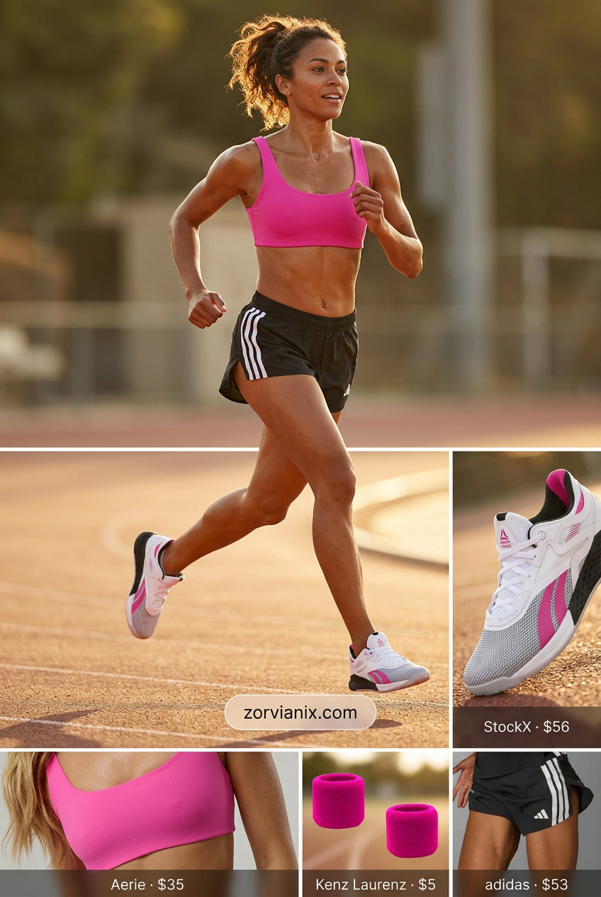 Summer athletic shorts outfits for women 2026: Hot pink sports bra, black shorts, white sneakers for gym.