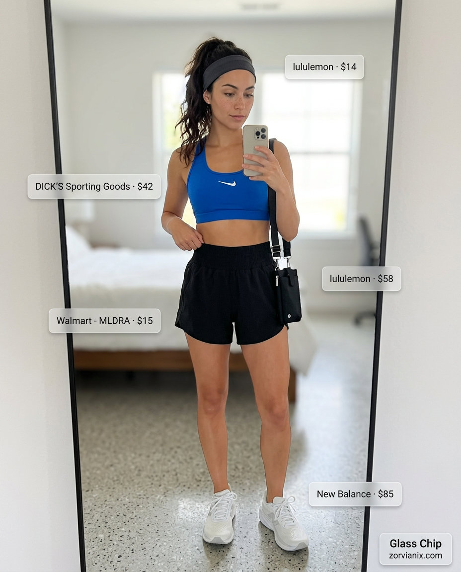 Summer athletic shorts outfits for women 2026: Black shorts, electric blue sports bra, white sneakers for gym or errands.