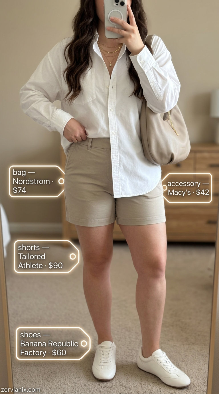 Summer athletic shorts outfits for women 2026: Beige shorts, white button-down, fashion sneakers for lunch.