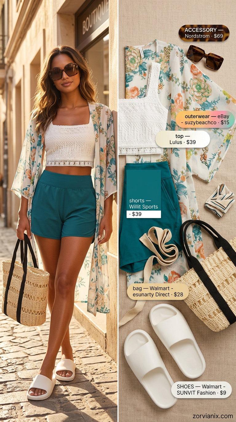 Summer athletic shorts outfits for women 2026: Teal shorts, white crochet top, straw tote for poolside.