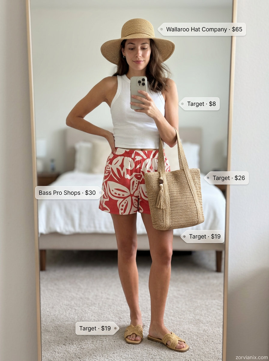 Summer athletic shorts outfits for women 2026: Coral floral shorts, white tank, straw hat for poolside relaxation.