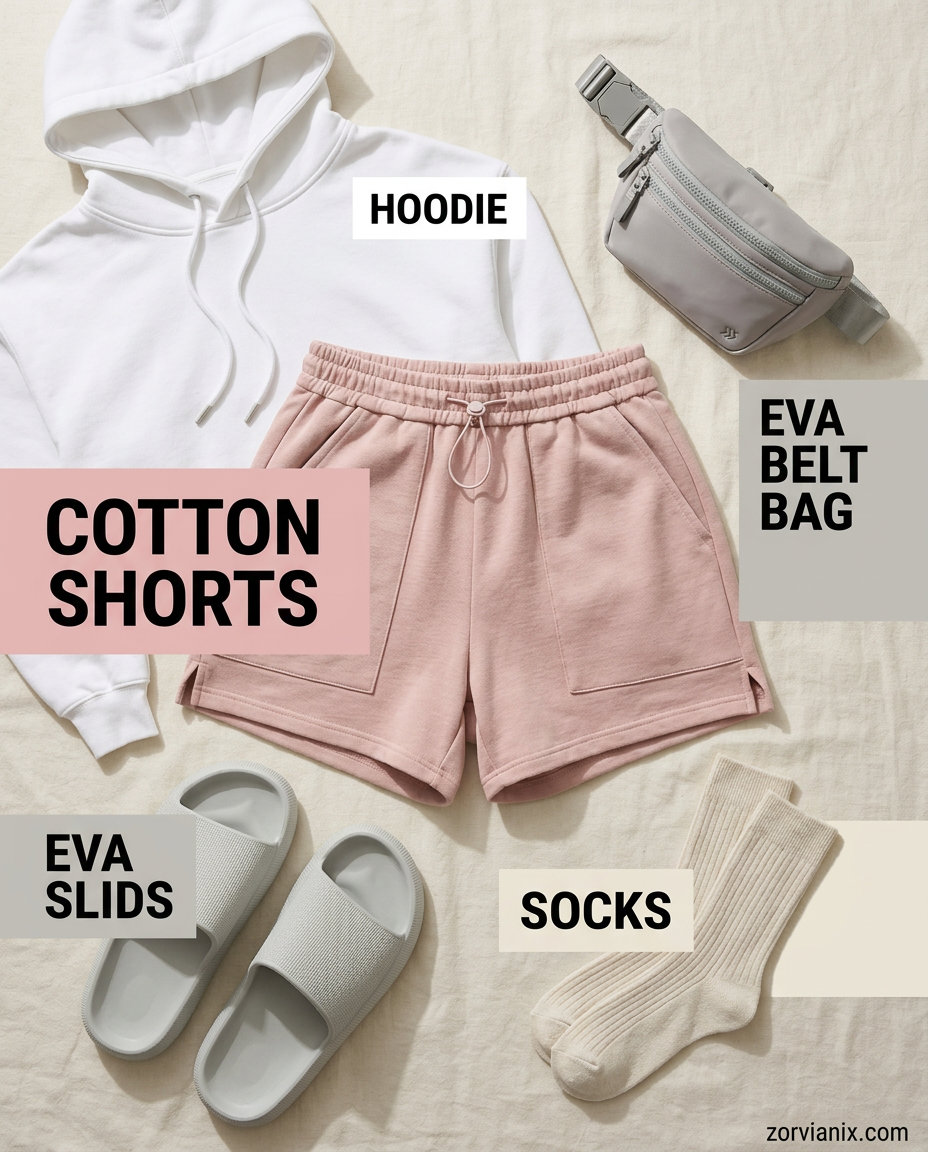 Summer athletic shorts outfits for women 2026: Light pink shorts, oversized hoodie, slide sandals.