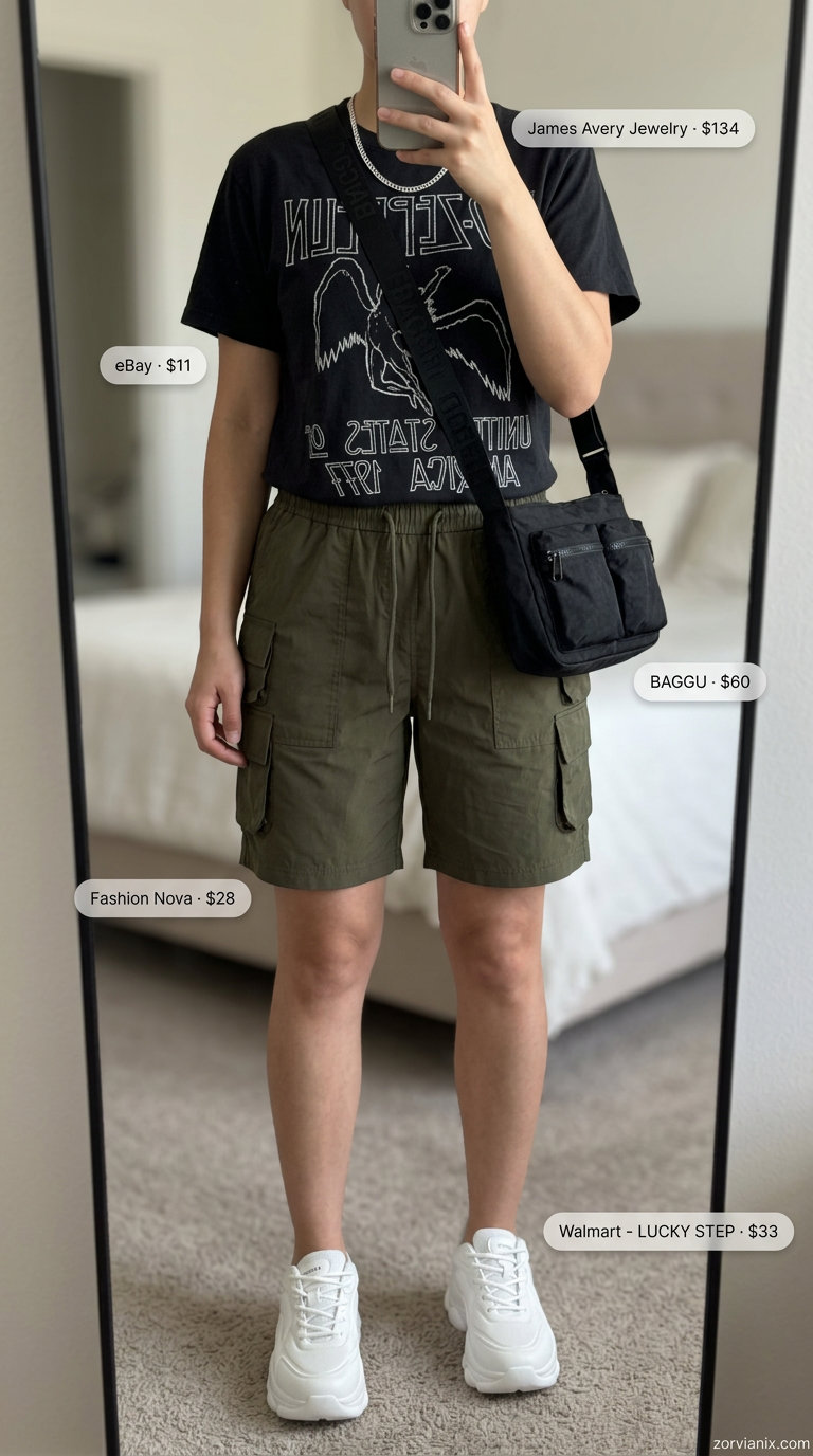 Summer athletic shorts outfits for women 2026: Olive cargo shorts, graphic tee, chunky sneakers for streetwear.