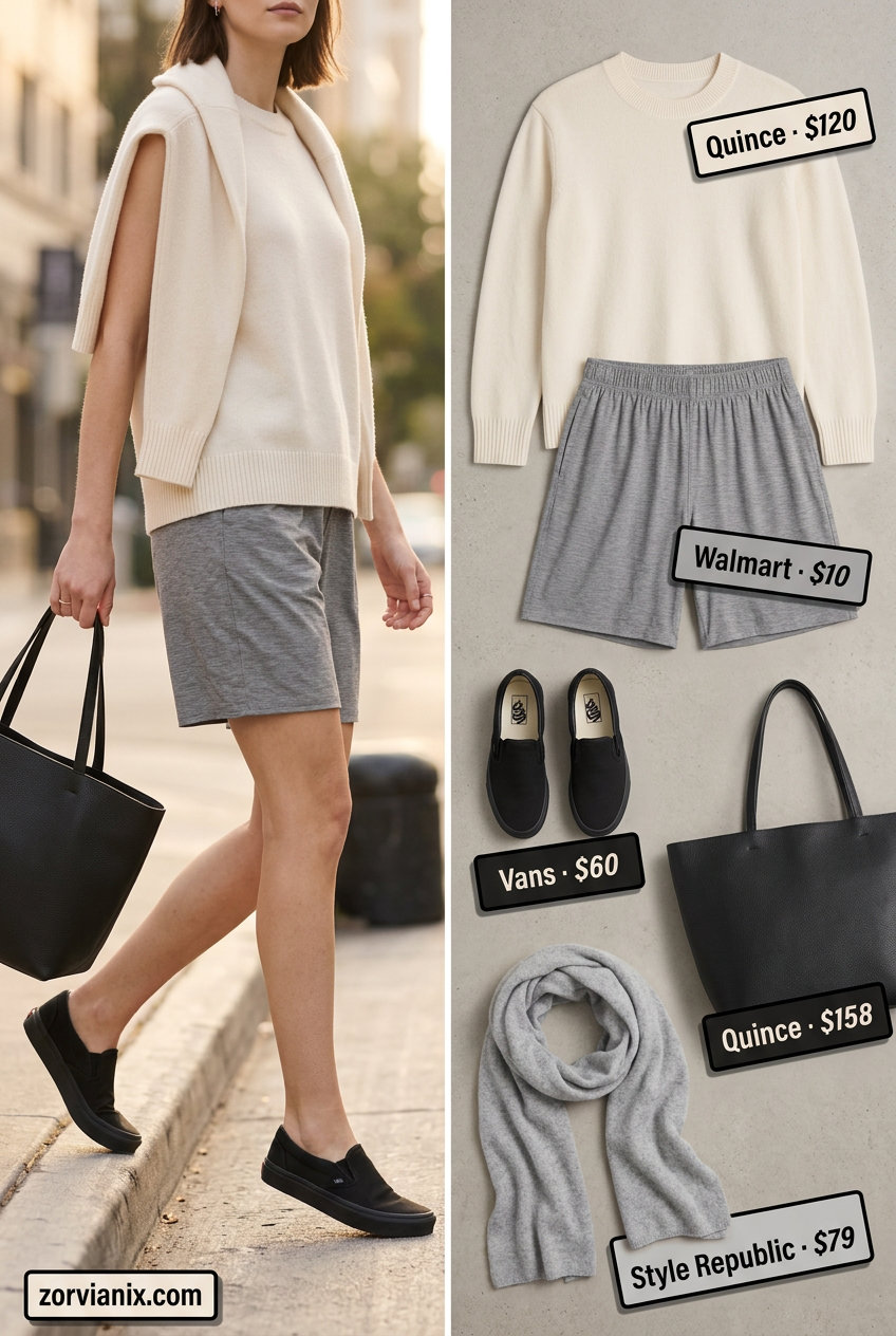Summer athletic shorts outfits for women 2026: Grey shorts, cream sweater, slip-on sneakers for travel.
