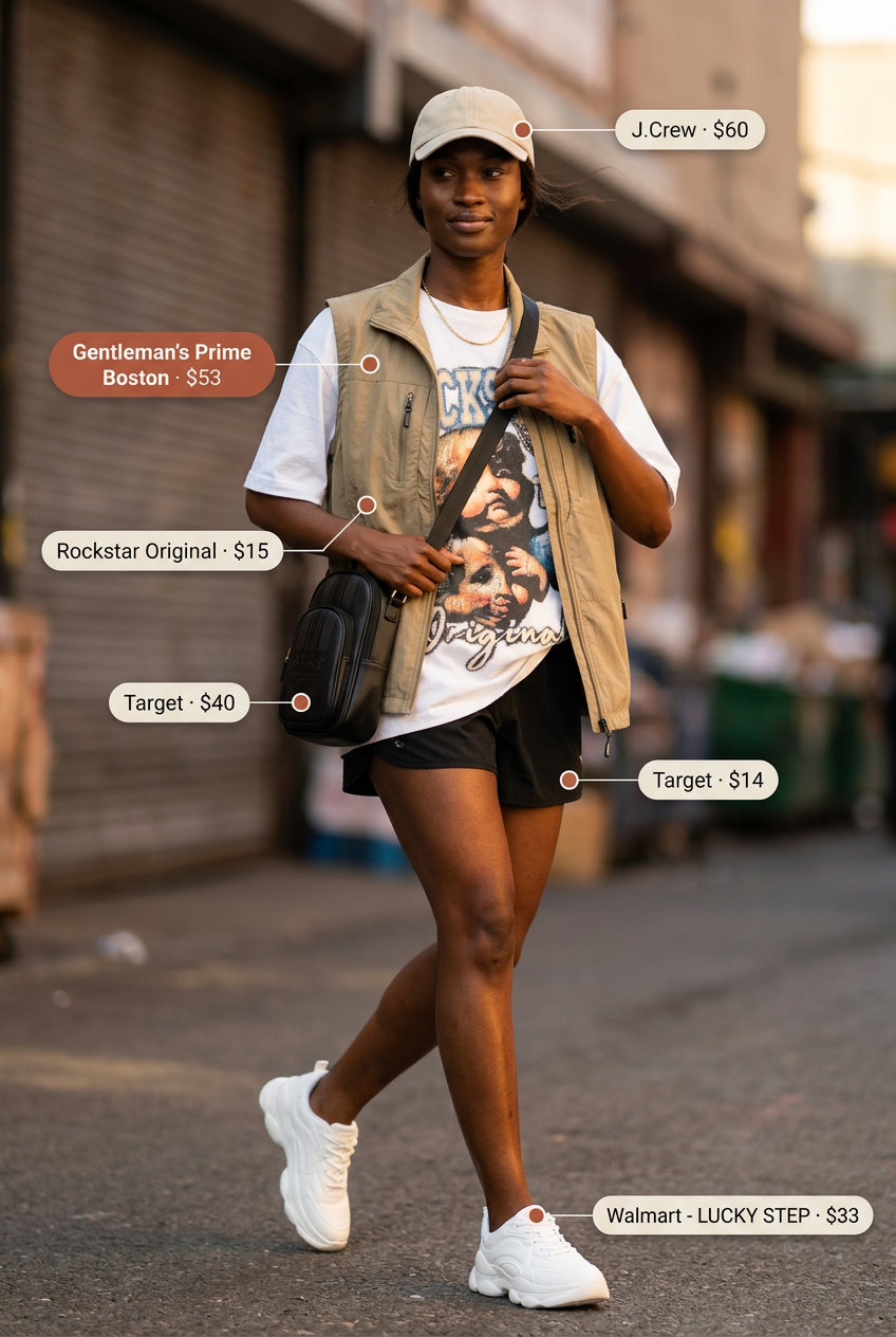 Summer athletic shorts outfits for women 2026: Black shorts, white graphic tee, utility vest for city exploring.