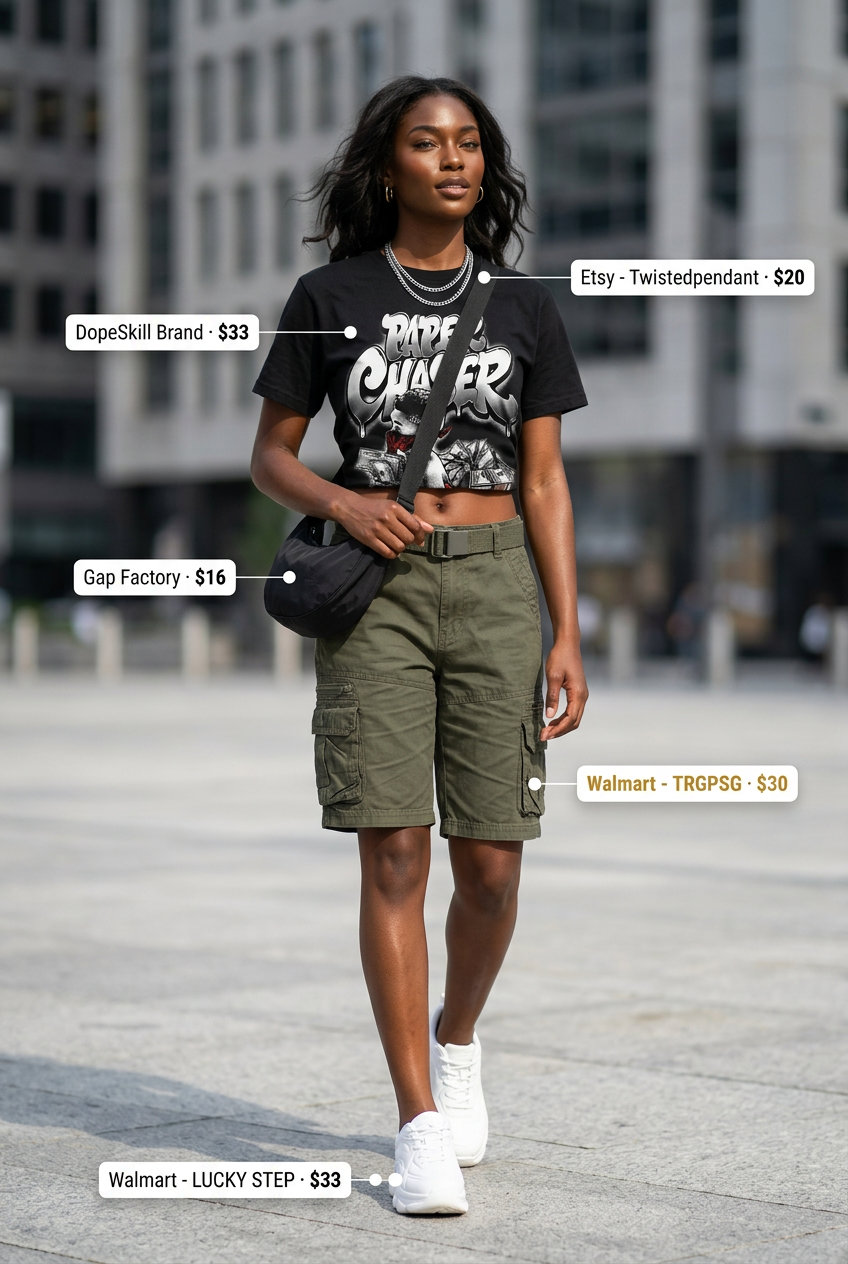 Summer athletic shorts outfits for women 2026: Olive cargo shorts, graphic tee, chunky sneakers for urban exploration.