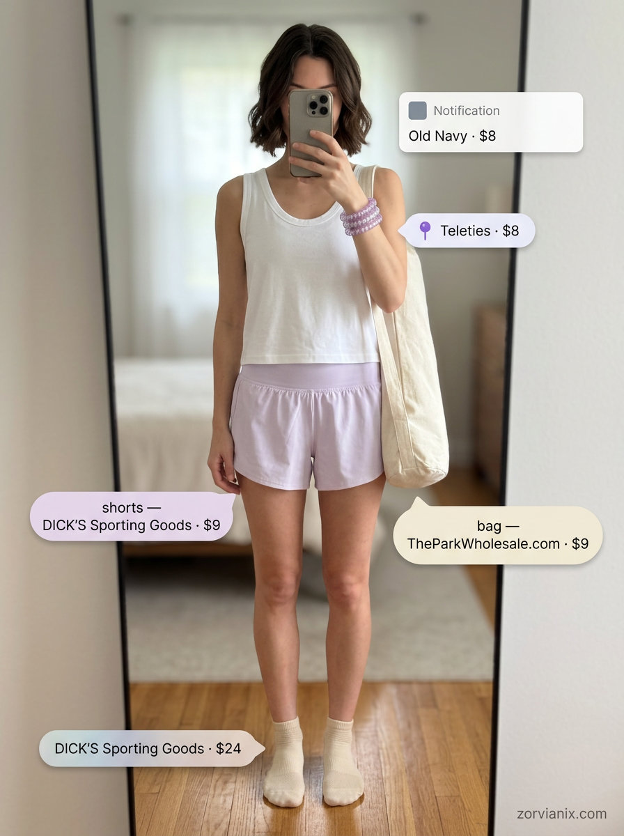 Summer athletic shorts outfits for women 2026: Lavender yoga shorts, white tank, grip socks for yoga class.