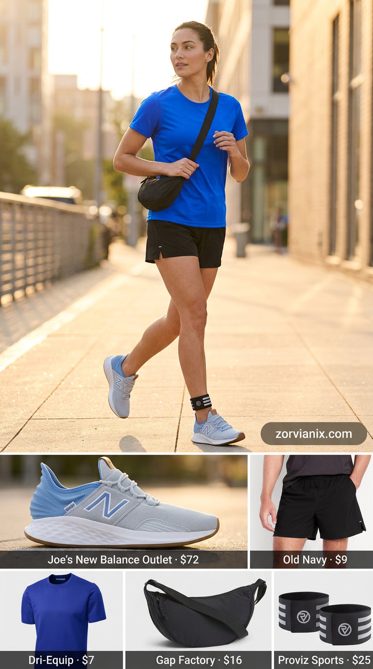 Summer Athletic Shorts Outfits for Women 2026: Black athletic shorts, tech tee, running shoes & crossbody for commute.