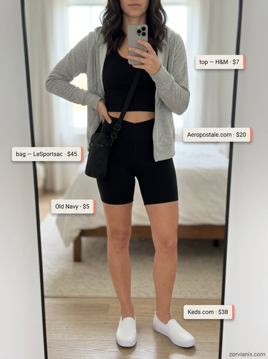 Summer Athletic Shorts Outfits for Women 2026: Black biker shorts, tank, hoodie, sneakers & crossbody for active days.