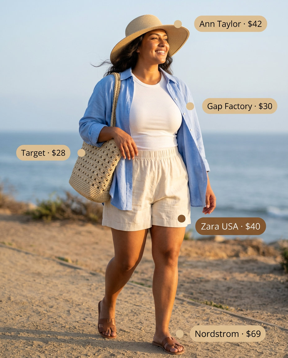 Summer Athletic Shorts Outfits for Women 2026: Cream linen shorts, light blue oversized shirt, straw hat & tote for beach.
