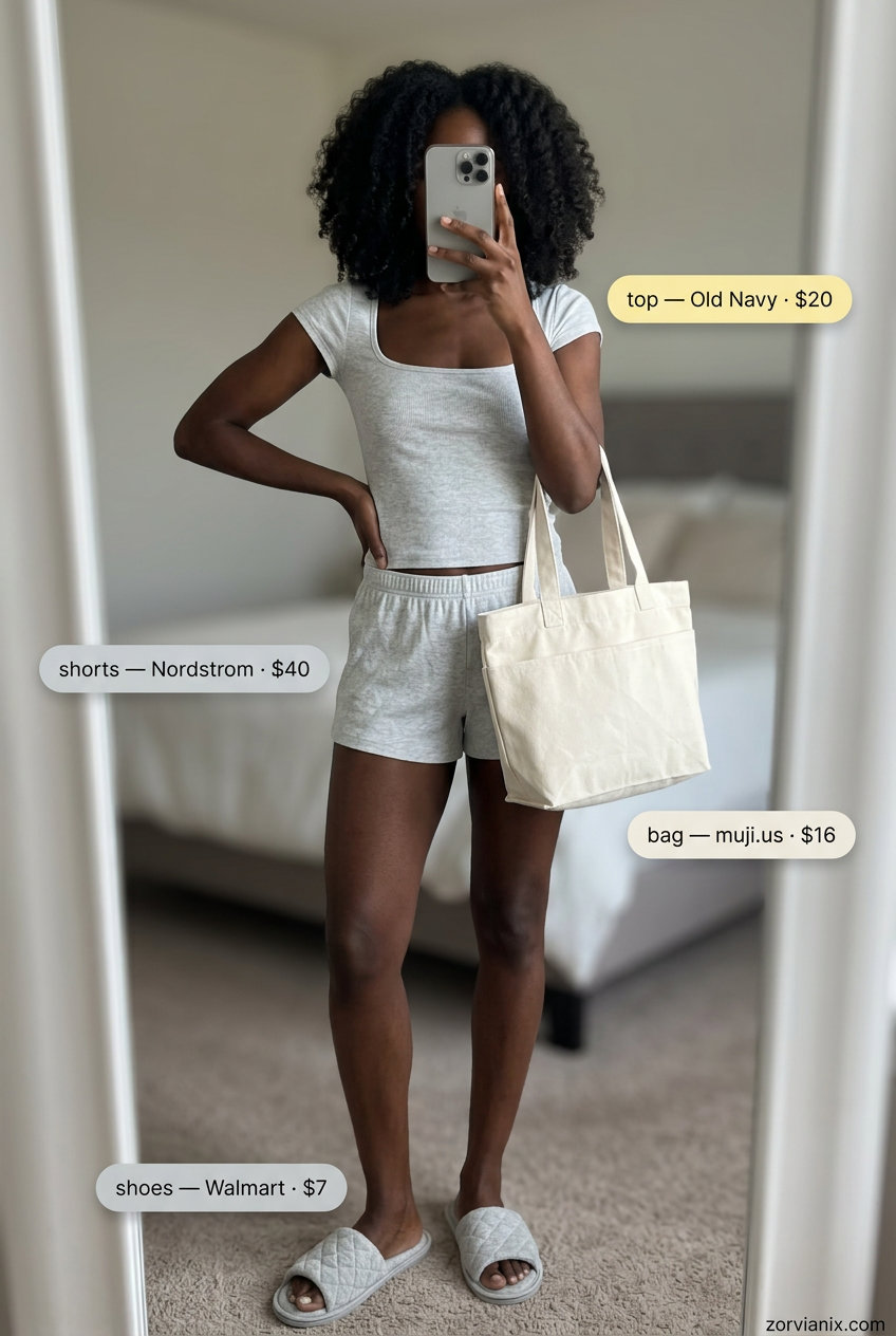 Summer Athletic Shorts Outfits for Women 2026: Light grey knit shorts, pastel yellow sweatshirt, slippers & tote.