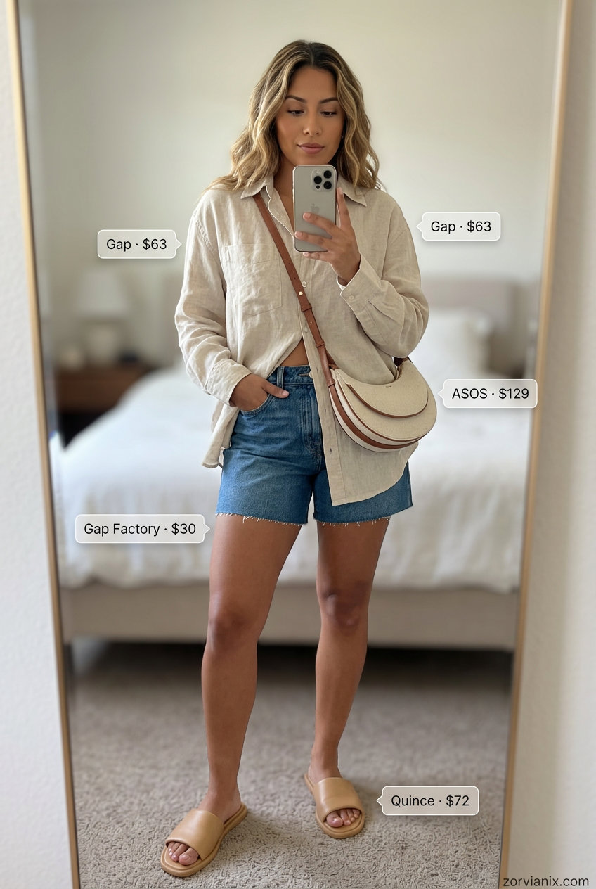 Summer Athletic Shorts Outfits for Women 2026: Denim shorts, linen shirt, tank & slide sandals for evenings.