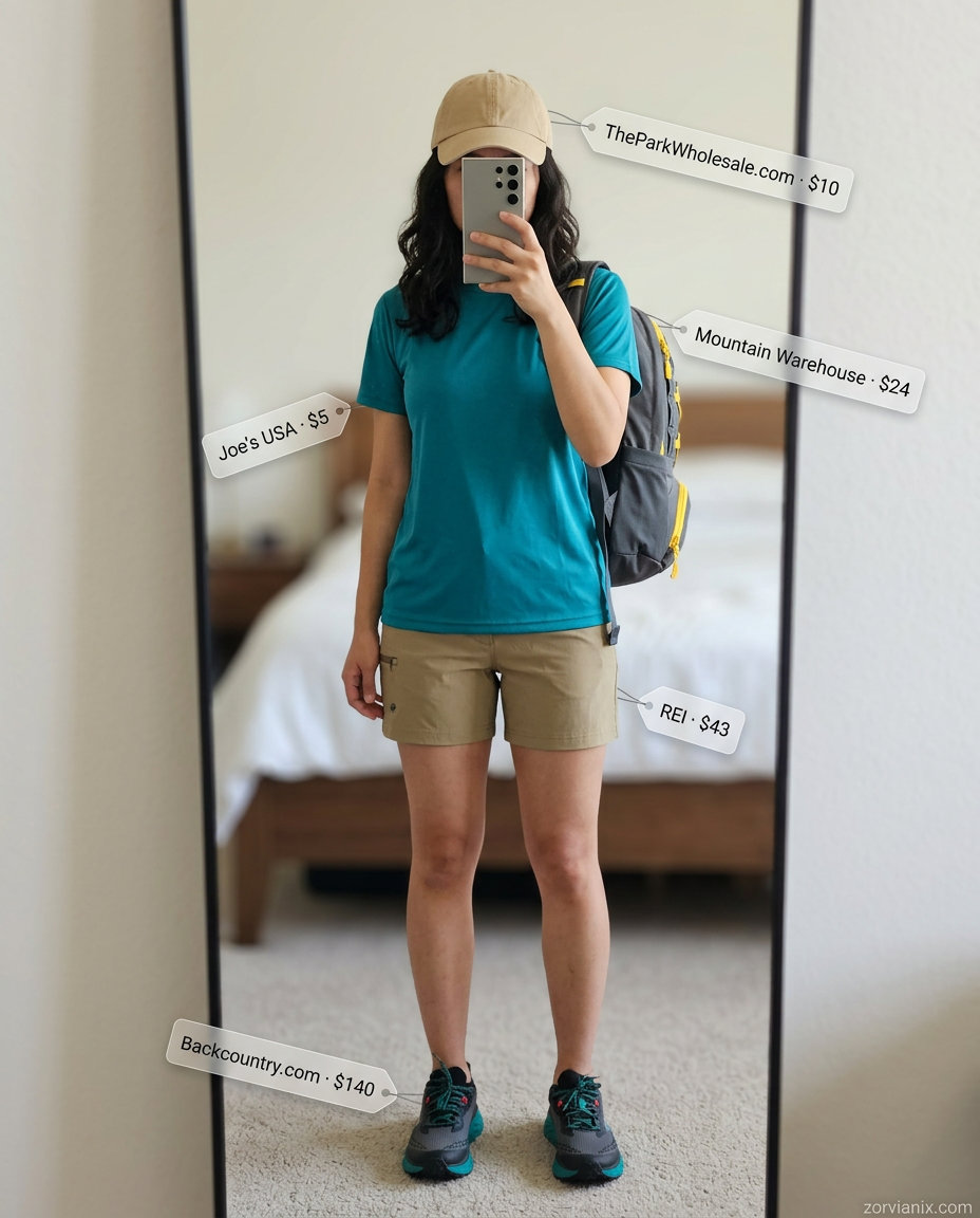 Summer Athletic Shorts Outfits for Women 2026: Khaki hiking shorts, teal tee, cap, backpack & trail running shoes.